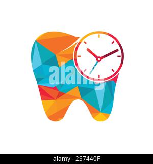 Modello di disegno del logo del vettore del tempo dentale. Disegno icona dente umano e orologio. Illustrazione Vettoriale
