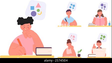 Diversi tipi di pensiero. Logica, creatività, processi mentali astratti e misti. I bambini pensano. Studenti di cartoni animati che leggono e scrivono, vettore educativo. Illustrazione di mentalità e creatività mentale. Diversi tipi di pensiero. Logica, creatività, processi mentali astratti e misti. I bambini pensano diversi. Studenti di cartoni animati che leggono e scrivono, personaggi vettoriali educativi Illustrazione Vettoriale