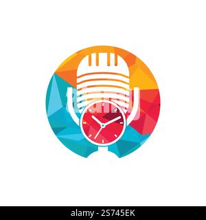 Modello di disegno del logo del vettore temporale del podcast. Illustrazione Vettoriale