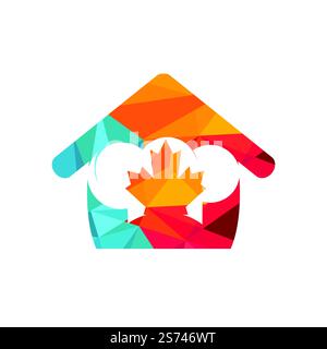 Modello di design del logo dello chef canadese. Foglia d'acero con logo icona del cappello dello chef. Illustrazione Vettoriale