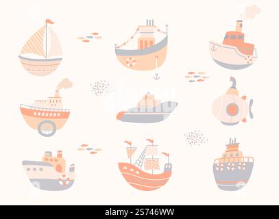 Nave scandinava. Barca a vela Cruiser e sottomarino per bambini. Stampa camicia ragazzo, cartoni animati con elementi carini sull'oceano. Avventure in mare, vettoriale per bambini doodle. Illustrazione della barca a vela e della nave. Nave scandinava. Barca a vela Cruiser e sottomarino per bambini. Stampa camicia ragazzo, cartoni animati con elementi carini sull'oceano. Avventure in mare, vettoriale per bambini doodle Illustrazione Vettoriale