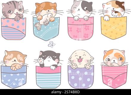Gatti tascabili Doodle. Gattino in tasche, cartoni animati carino gatto. Cucciolo alla moda, adorabili gattini volti. Mascotte infantile, personaggi vettoriali decorativi per bambini. Illustrazione di gattino e gatto carini. Gatti tascabili Doodle. Gattino in tasche, cartoni animati carino gatto. Cucciolo alla moda, adorabili gattini volti. Mascotte infantile, personaggi vettoriali decorativi per bambini Illustrazione Vettoriale