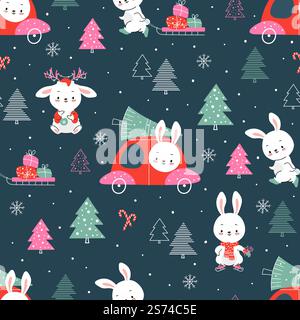 Coniglietto natalizio senza cuciture. Stampa dei coniglietti invernali, tessuto natalizio per bambini. Simpatici conigli cavalcano con l'albero di natale e regali in stile invernale vettoriale. Coniglietto natalizio senza cuciture. Stampa dei coniglietti invernali, tessuto natalizio per bambini. Simpatici conigli con albero di natale e regali sullo sfondo vettoriale Illustrazione Vettoriale