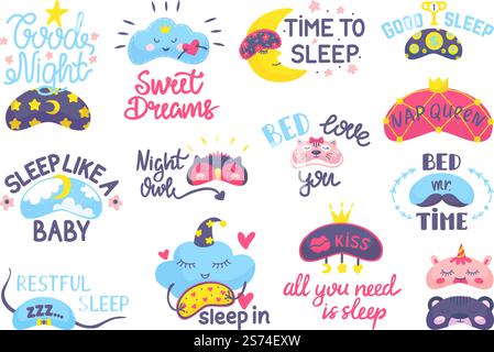 Maschera da sogno. Elementi per la buonanotte, maschere carine per gli occhi e frasi positive. Accessori notte Sweet Dreams, adesivi vettoriali per ragazze addormentate. Immagine dell'accessorio per il sonno della maschera per la notte. Maschera da sogno. Elementi per la buonanotte, maschere carine per gli occhi e frasi positive. Accessori notte Sweet Dreams, adesivi vettoriali neoterici per ragazze di bellezza addormentate Illustrazione Vettoriale