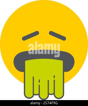 Vomitare la faccia. Emoticon rotondo giallo con nausea isolata su sfondo bianco. Vomitare la faccia. Emoticon rotondo giallo con nausea Illustrazione Vettoriale