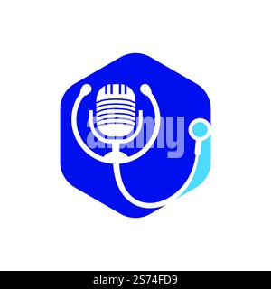 Disegno del logo vettoriale del podcast medico. Simbolo di illustrazione dello stetoscopio e del microfono. Illustrazione Vettoriale