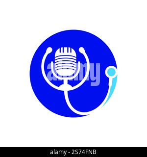 Disegno del logo vettoriale del podcast medico. Simbolo di illustrazione dello stetoscopio e del microfono. Illustrazione Vettoriale
