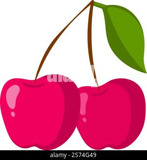 Un paio di ciliegie. Succose bacche rosse sul gambo in stile cartoni animati isolate su sfondo bianco. Un paio di ciliegie. Succose bacche rosse sul gambo in stile cartoni animati Illustrazione Vettoriale
