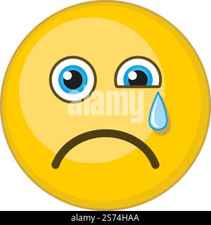 Emoji piangente. Triste faccia rotonda gialla con lacrime che cadono isolata su sfondo bianco. Emoji piangente. Triste faccia gialla rotonda con lacrime che cadono Illustrazione Vettoriale
