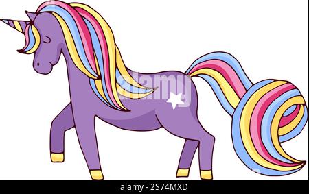 Simpatico pony da favola con corno. Simpatico personaggio dei cartoni animati isolato su sfondo bianco. Simpatico pony da favola con corno. Simpatico personaggio dei cartoni animati Illustrazione Vettoriale