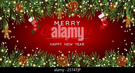 Striscione natalizio con rami di abete, calze, pancetta e fiocchi di neve. Rami dell'albero di Natale su sfondo rosso. Design festivo per le vacanze invernali, gli eventi, gli sconti e le vendite. Illustrazione vettoriale. Illustrazione Vettoriale