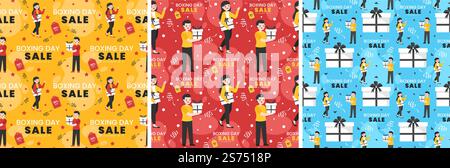 Set di Boxing Day sale modello di design senza cuciture con guanto e scatola regalo per la promozione o lo shopping su modello disegno piano Cartoon mano Illustrazione Vettoriale