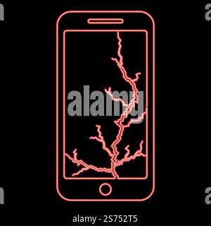 Smartphone neon con display incrinato telefono cellulare moderno rotto schermo smartphone frantumato telefono con matrice di schermo rotta cellulare con touch screen incrinato in fondo telefono in vetro rotto colore rosso immagine vettoriale luce piatta. Smartphone neon con display incrinato telefono cellulare moderno rotto schermo smartphone frantumato telefono con matrice di schermo rotta cellulare con touch screen incrinato in fondo telefono in vetro rotto colore rosso immagine vettoriale stile piatto Illustrazione Vettoriale