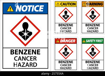 Pericolo benzene pericolo cancro GHS segno su sfondo bianco Illustrazione Vettoriale