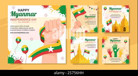 Myanmar Independence Day Social Media Post Flat Cartoon modelli disegnati a mano Illustrazione Illustrazione Vettoriale