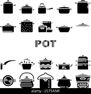 icone di cottura pentola per piatti da cucina set vector. cuocere la zuppa, coperchio della pentola, cuoco in acciaio, utensili da cucina in metallo, fornelli, illustrazioni pittogramma del glifo di cottura della pentola da cucina in pentola inox. icone di cottura pentola per piatti da cucina set vector Illustrazione Vettoriale