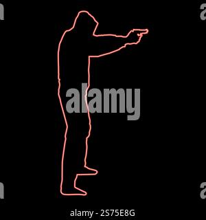 Uomo al neon nel cofano con concetto di pistola pericolo braccia allungate icona colore nero vettoriale disegno piatto semplice immagine circolare di colore rosso vettoriale immagine piatta. Uomo al neon nel cofano con pistola Concept pericolo braccia allungate icona di colore nero illustrazione in cerchio di colore rosso vettoriale immagine in stile piatto Illustrazione Vettoriale