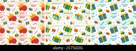 Set di Boxing Day sale modello di design senza cuciture con guanto e scatola regalo per la promozione o lo shopping su modello disegno piano Cartoon mano Illustrazione Vettoriale
