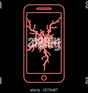 Smartphone neon con display incrinato telefono cellulare moderno rotto schermo smartphone frantumato telefono cellulare con matrice di schermo rotta telefono cellulare con touch screen incrinato al centro telefono in vetro rotto immagine vettoriale di colore rosso luce piatta. Smartphone neon con display incrinato telefono cellulare moderno rotto schermo smartphone frantumato telefono con matrice di schermo rotta cellulare con touch screen incrinato al centro telefono in vetro rotto colore rosso immagine vettoriale stile piatto Illustrazione Vettoriale