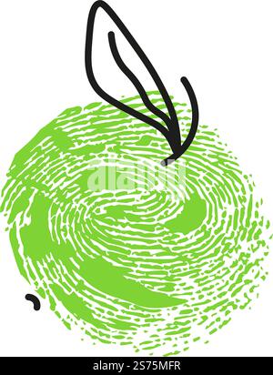 Impronta di mela, pasto sano isolato. Pianta con stelo e foglia. Pittura infantile dell'ingrediente per un'alimentazione e una dieta bilanciate. Semplice estrazione di frutta con impronta digitale, vettoriale in stile piatto. Disegno in miniatura della frutta di mela con foglie Illustrazione Vettoriale