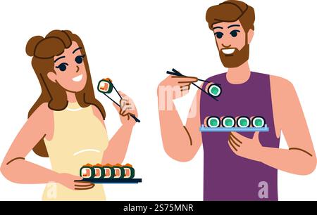 mangiare il vettore del sushi. cibo asiatico, ristorante giapponese, pesce salutare, cena giapponese, pasto mangiare carattere sushi. persone illustrazione a fumetti piatta. mangiare il vettore del sushi Illustrazione Vettoriale
