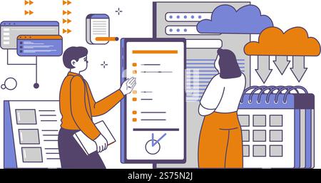 Dipendente che mostra lo sviluppo al capo, direttore che guarda i risultati del lavoro. Manager che fornisce istruzioni al nuovo arrivato. Organizzazione aziendale, flusso di lavoro e carico di lavoro aziendale. Vettore in stile piatto. Progetto aziendale che si occupa dello sviluppo di attività Illustrazione Vettoriale