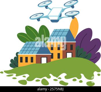 Mezzi alternativi di accumulo e produzione di energia, fonti rinnovabili per uso quotidiano. Pannelli solari sui tetti delle case. Drone o accumulatore per lo stoccaggio. Immagine vettoriale in stile piatto. Stile di vita ecologico, pannelli solari sulle case Illustrazione Vettoriale