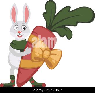 Coniglietto che regge una carota grande avvolta da fiocco decorativo e nastro. Coniglio isolato che indossa sciarpa in maglia e calze con il cuore. Festeggiamenti di Natale e Capodanno, periodo natalizio. Vettore in stile piatto. Coniglio con carota in fiocco, feste natalizie Illustrazione Vettoriale