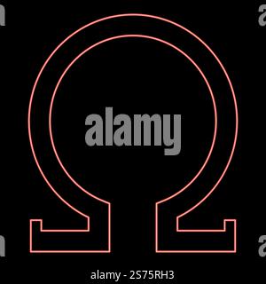 Omega al neon, simbolo greco, lettera maiuscola, colore rosso, immagine vettoriale, luce piatta. Omega neon, simbolo greco, lettera maiuscola, colore rosso, immagine vettoriale, stile piatto Illustrazione Vettoriale