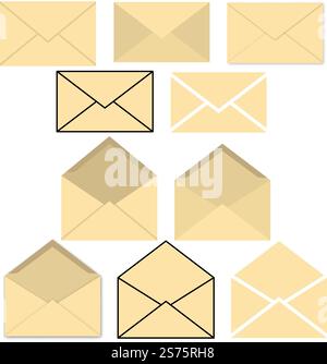 Set di buste postali. Elementi di lettera (busta) aperti e chiusi. Illustrazione vettoriale. Illustrazione Vettoriale