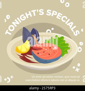 Specialità di pesce servite al ristorante, gustoso piatto di bistecca di salmone con cozze e foglia di insalata con una fetta di limone. Cibo delizioso cucina mediterranea. Promozione speciale in negozio. Vettore in stile piatto. Specialità di stasera, cozze con bistecca di salmone Illustrazione Vettoriale