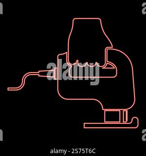 Sega elettrica neon attrezzo dima manuale sega in uso immagine vettoriale di colore rosso braccio luce piatta. Sega a mano con utensile elettrico al neon in uso immagine vettoriale di colore rosso braccio, stile piatto Illustrazione Vettoriale