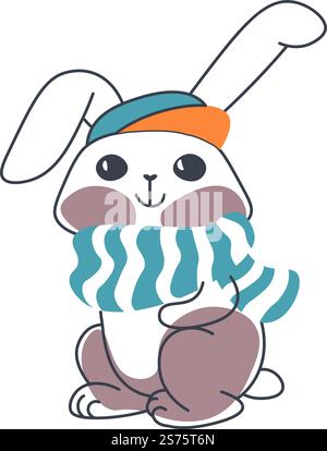 Personaggio coniglietto con orecchie lunghe e museruola carina con sciarpa in maglia e un cappello caldo. Coniglio della stagione invernale con un sorriso sul viso. Adesivo o emoticon, lepre piccola selvatica. Vettore in stile piatto. Piccolo coniglio con foulard in maglia e copricapo vettoriale Illustrazione Vettoriale