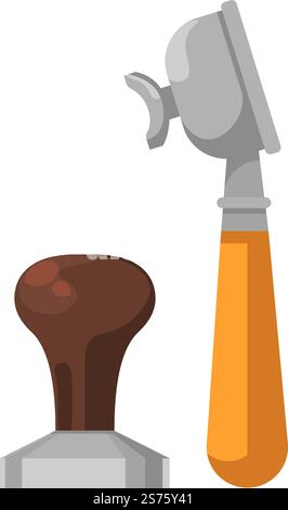 Strumenti e strumenti per la preparazione del caffè, icona isolata del cucchiaio e della pressa per la macchina. Manico in legno e corpo in acciaio inox. Caffetteria o negozio di provviste. Vettore in stile piatto. Cucchiaio da caffè e pressa per la macchina, per preparare la bevanda Illustrazione Vettoriale