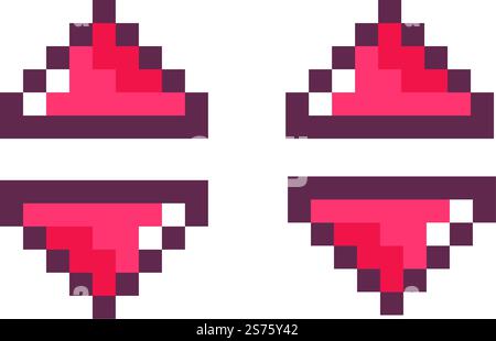 Frecce di navigazione che mostrano in alto e in basso, cursori isolati icone pixellate per l'interfaccia di riproduzione. Via o direzione, destinazione e via. Pixel art per un vecchio gioco a 8 bit, vettoriale in un'illustrazione in stile piatto. Frecce verso l'alto e verso il basso, grafica pixelata per il gioco Illustrazione Vettoriale