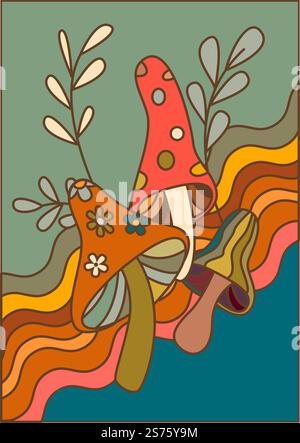 Funghi velenosi della foresta, piante di cartoni animati e foglie con onde. Cespugli colorati con fogliame. Disegno astratto per la stampa. Flora e botanica dei boschi. Immagine vettoriale in stile piatto. Funghi fantasia dalla foresta, vettore di cartoni animati Illustrazione Vettoriale