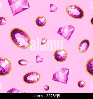 Gemme e pietre preziose, brillanti e smeraldi, diamanti. Gioielli costosi e ricchezza, ricchezza e ricchezza. Motivo, sfondo o sfondo di stampa senza cuciture. Vettore in stile piatto. Gemme e pietre preziose, brillanti e smeraldi Illustrazione Vettoriale