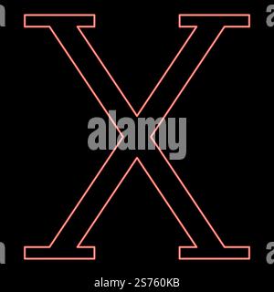 Simbolo greco neon chi lettera maiuscola carattere maiuscolo colore rosso immagine vettoriale luce piatta. Neon chi, lettera maiuscola, carattere maiuscolo, colore rosso, immagine vettoriale, stile piatto Illustrazione Vettoriale
