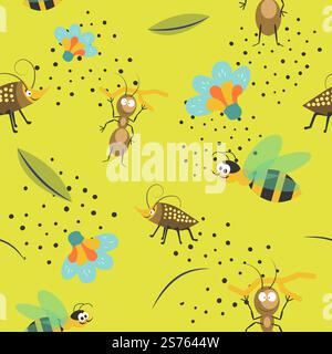 Personaggi di insetti con volti divertenti, formiche e api mellifere che volano a fiorire. Api e coleotteri o insetti. Flora e fauna selvatiche. Stampa di motivi, sfondo o sfondo senza interruzioni. Vettore in stile piatto. Buffi insetti, formiche e coleotteri, api Illustrazione Vettoriale