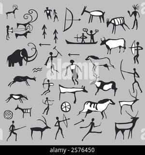 Disegni e simboli delle grotte, sagome di scene di caccia. Personaggi con armi, animali e barche. Vita di antiche tribù e gruppi, raccolta e vita. Vettore in stile piatto. Disegni da grotte, arti antiche e simboli Illustrazione Vettoriale