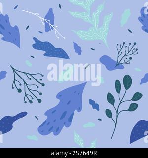Fogliame e ornamenti di foglie, rami e ramoscelli. Motivi organici e naturali, foglie e decorazioni botaniche adornano il blu. Motivo, sfondo o sfondo di stampa senza cuciture. Vettore in stile piatto. Rami con foglie e fogliame, motivo senza cuciture Illustrazione Vettoriale