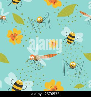 Zanzare e api, simpatici insetti personaggi con fiori e foglie. Fauna e flora, fauna selvatica e personaggi impollinatori. Stampa di motivi, sfondo o sfondo senza interruzioni. Vettore in stile piatto. Personaggi di insetti, zanzare e api Illustrazione Vettoriale