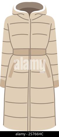 Cappotto da donna, abiti per le stagioni fredde. Elemento di abbigliamento caldo isolato per outerwear, capo di abbigliamento alla moda per le signore. Giacca con cappuccio e maniche lunghe, tasche. Vettore in stile piatto. Abbigliamento invernale da donna, capospalla giacca lunga Illustrazione Vettoriale