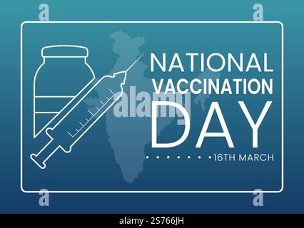 Giornata nazionale delle vaccinazioni il 16 marzo Illustrazione con siringa del vaccino per l'immunità forte in cartoon piano mano disegnata su Landing Page Template Illustrazione Vettoriale