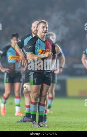 Twickenham, Londra, Regno Unito. 18 gennaio 2025. Jack Walker di Harlequins durante l'Investec Champions Cup match tra Harlequins e Glasgow Warriors a Twickenham Stoop, Twickenham, Inghilterra, il 18 gennaio 2025. Foto di Grant Winter. Solo per uso editoriale, licenza richiesta per uso commerciale. Non utilizzare in scommesse, giochi o pubblicazioni di singoli club/campionato/giocatori. Crediti: UK Sports Pics Ltd/Alamy Live News Foto Stock