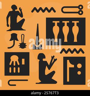 Antichi geroglifici della civiltà egizia. Lingua o scritture dei vecchi tempi. Onde e linee, persone sagome e simboli neri, segni o denotazioni. Immagine vettoriale in stile piatto. Simboli e segni egiziani, antichi geroglifici Illustrazione Vettoriale
