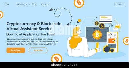 Servizio di assistente virtuale su criptovaluta e blockchain, scarica l'applicazione gratuitamente. Lavorare con denaro e finanze online. Pagina di destinazione del sito Web, modello Web Internet. Vettore in stile piatto. Assistente virtuale di criptovaluta e blockchain Illustrazione Vettoriale