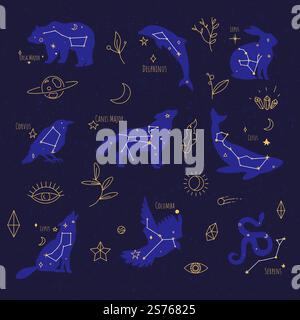 Segni e testo dei corpi celesti. Gruppo di stelle che formano uno schema riconoscibile, costellazioni con spiegazione. Pianeta e luna, decorazioni floreali e foglie, cometa e occhio. Vettore in stile piatto. I segni delle costellazioni dei corpi celesti nel cielo notturno Illustrazione Vettoriale