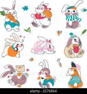 Lepri e coniglietti con simpatici bocconcini ed espressioni facciali. Personaggi isolati, con sciarpe e abiti caldi, buste con lettere d'amore e ascolto di musica. Vettore in stile piatto. Personaggi di coniglio, lepri divertenti e coniglietti vettoriali Illustrazione Vettoriale