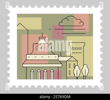 Paesaggio urbano vs skyline della città italiana con edifici storici e architettura. Cartolina postale o cartolina, lettera di posta e corrispondenza. Contorno dello schizzo monocromatico. Vettore in stile piatto. Paesaggio urbano italiano con architettura, cartolina Illustrazione Vettoriale